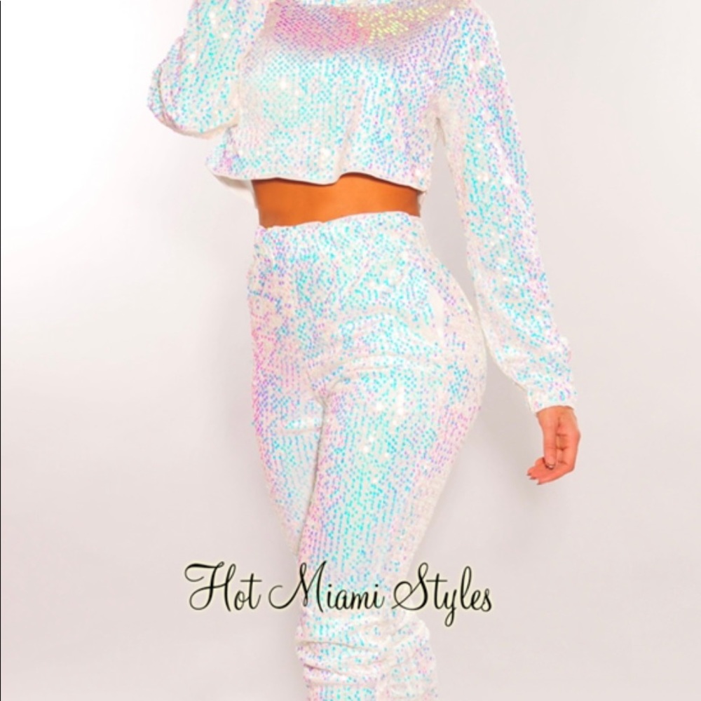 White Iridescent Sequins Crop Hoodie Pants set